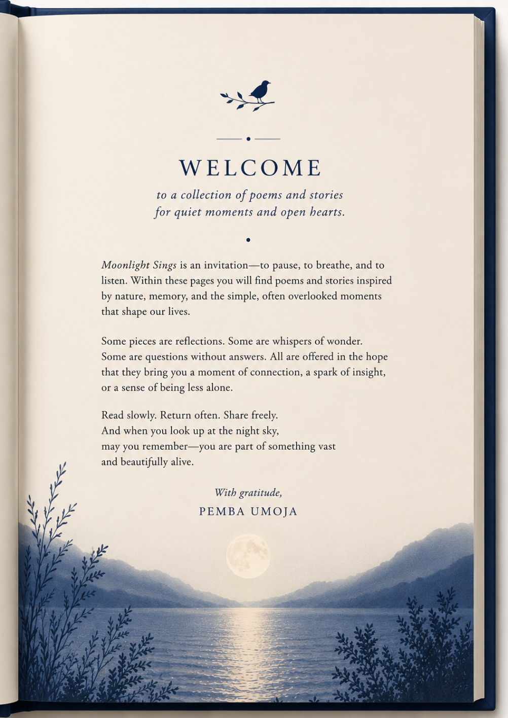 Welcome page from Moonlight Sings — an invitation to pause, breathe, and listen.